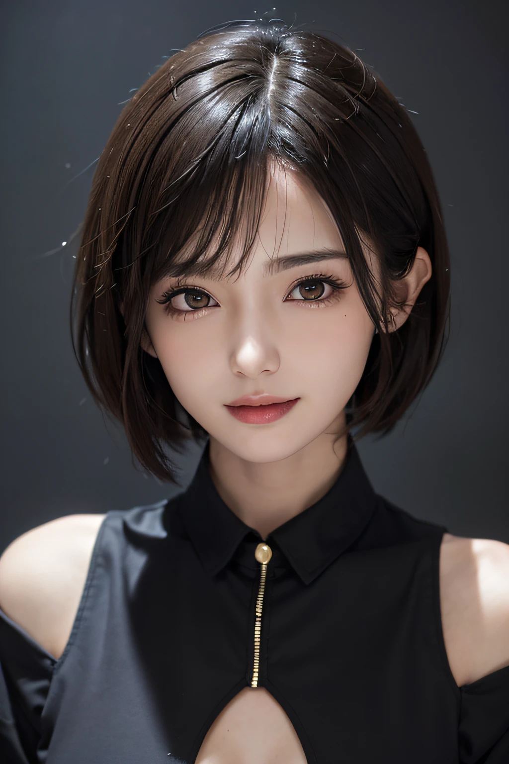 (masuter piece:1.3)、(8K、Photorealsitic、Raw photography、top-quality: 1.4)、(1girl in)、beautiful countenance、(Lifelike face)、(A dark-haired、short-hair:1.3)、Beautiful hairstyle、realisticeyes、Beautiful details、（real looking skin）、Beautiful skins、（Black shirt：1.6）、absurderes、enticing、超A high resolution、A hyper-realistic、high-detail、the golden ratio、Villain's smile