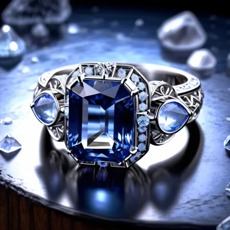 a close up of a blue diamond ring on a metal surface, jewelry photography, carved from sapphire stone, silver and sapphire, photorealistic and intricate, sapphires, detailed jewelry, blue realistic 3d render, 3d product render, elden ring inspired, ultra r...