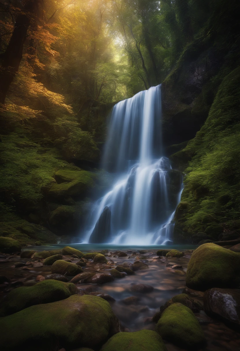 Waterfall with iridescent light in the middle, magical colors and atmosphere, Magic Tree, magical colors and atmosphere, magical forest backround, Cascading iridescent waterfalls, ethereal rainbows, magical forest, Fantasy Tree, mystical colors, magical fantasy forest, enchanted magical fantasy forest, fantasy forest, magic fairy forest, Psychedelic Forest, The Swirling Magic of Nature