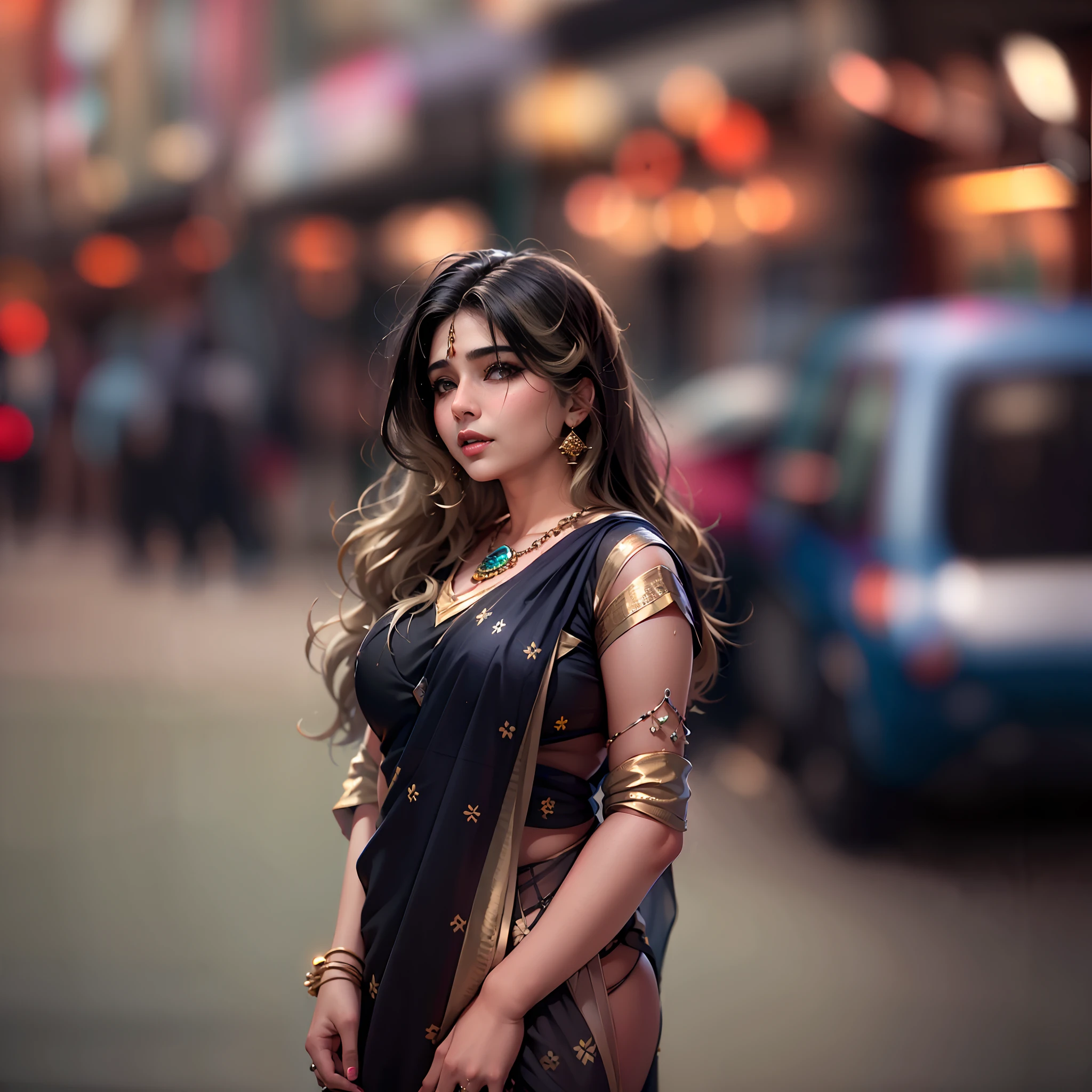 (((desi girl))), chubby face, natural skin, wearing hot deep neck top and dupatta, charming black hair, ((hair ends are blonde)), city streets background, bokeh