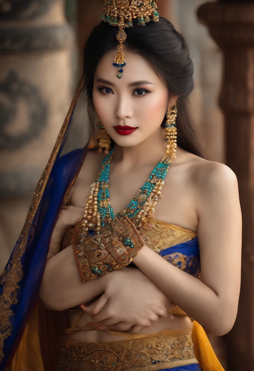 A woman in a blue and gold dress with a necklace and earrings - SeaArt AI