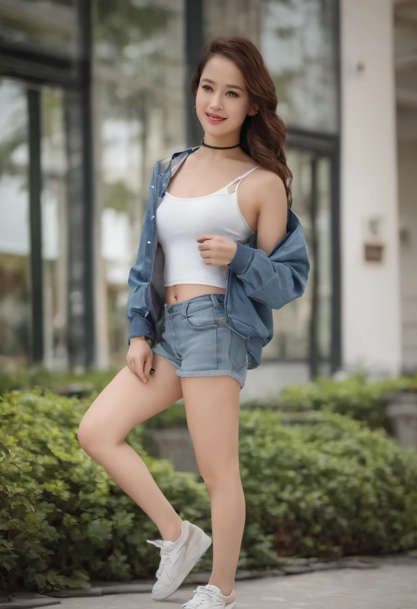 A woman in a white top and blue denim shorts posing for a picture - SeaArt  AI