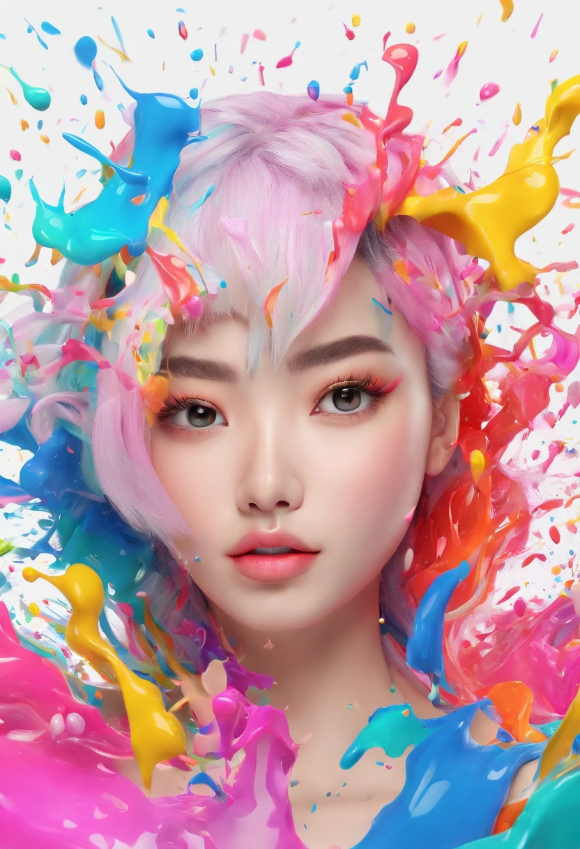 (Masterpiece, Best Quality, High Resolution), White Background, ((Paint Splash, Color Splash, Splash of Ink, Color Splash)), Sweet Chinese Girl, Rainbow Hair, Pink Lips, Front, Upper Body