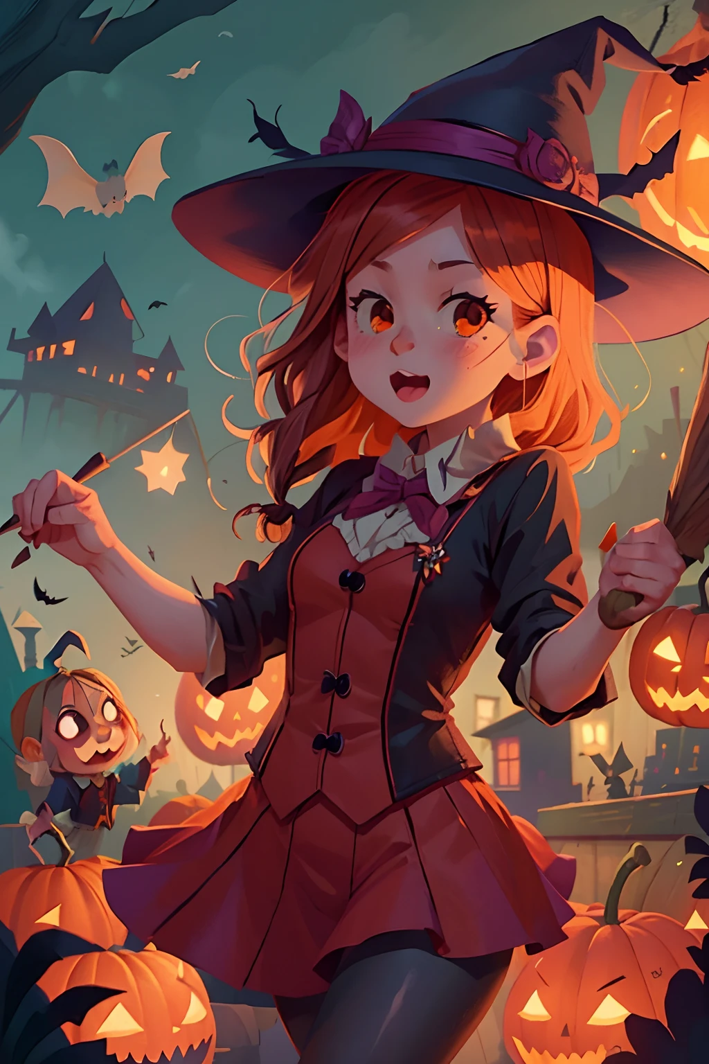 young cute witches and young cute wizards dance on halloween night. halloween pumpkins, lanterns, fireworks, bats, owls, medieval city.