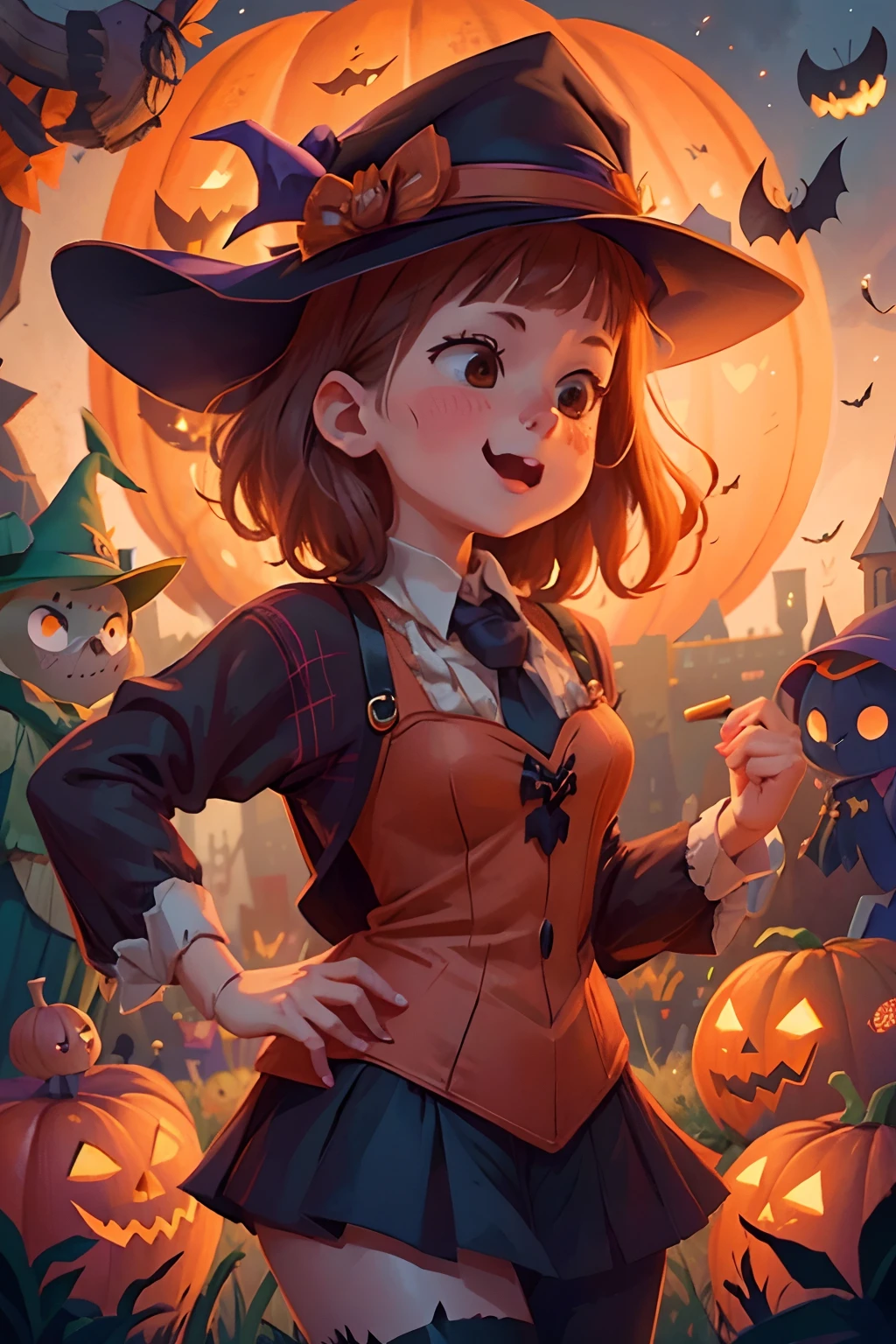 young cute witches and young cute wizards dance on halloween night. halloween pumpkins, lanterns, fireworks, bats, owls, medieval city.