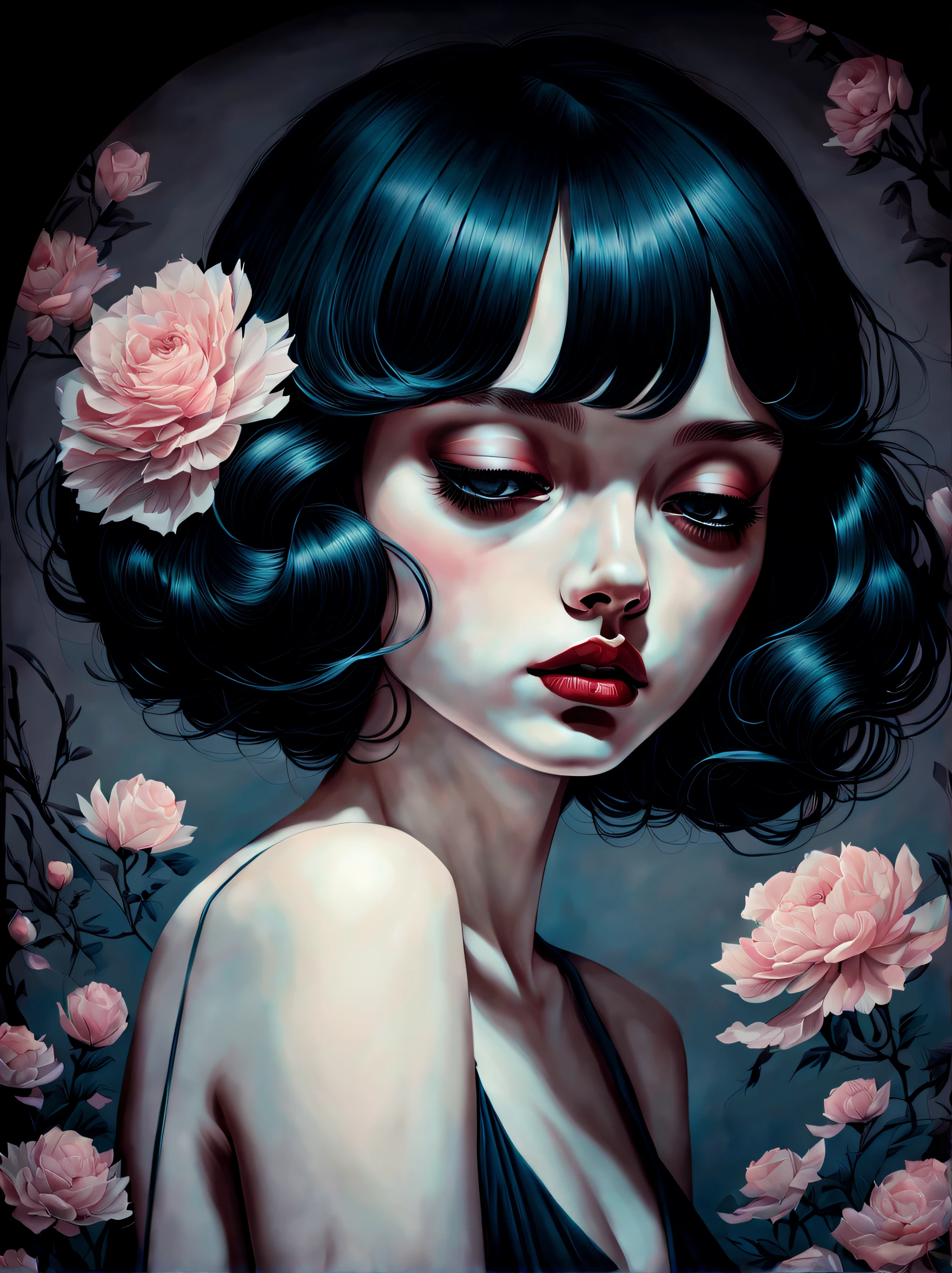 técnica de claroscuro en la ilustración sensual de una chica elegante, , antiguo, misterioso, pintura mate, por Hannah Dale, por Harumi Hironaka, colores extremadamente suaves, vibrante, muy detallado, ilustraciones digitales , alto contraste, dramático, refinado, tonal, Expresión facial