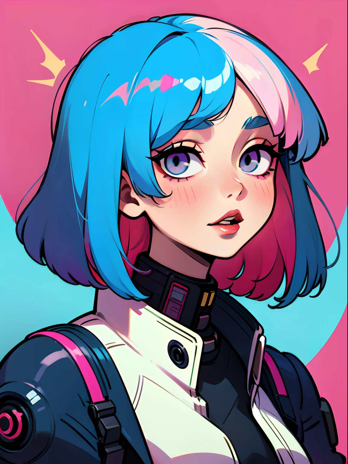 Lucie \(cyberpunk\), 1fille, frange, cheveux bleus, conseils colorés, yeux gris, veste, manches longues, regarder le spectateur, cheveux moyens, face portrait, Cheveux multicolores, les cheveux volent vers le haut, lèvres entrouvertes, parted frange, (les yeux fous), les yeux grands ouverts, demi visage, cheveux roses, portrait, eye-liner rouge, lèvres rouges, seulement, white veste, cyberpunk \(série\), cyberpunk edgerunners