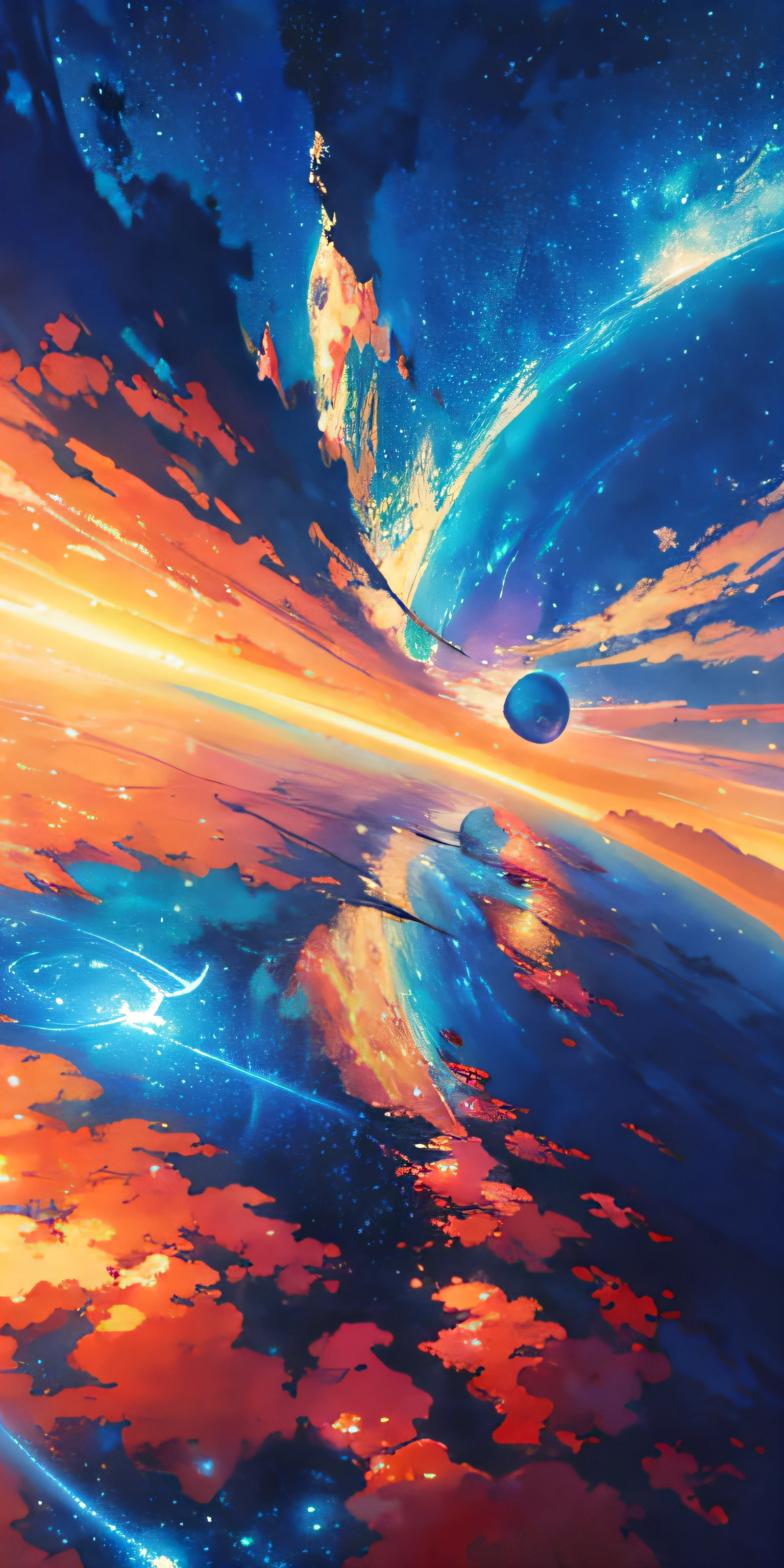 Animated scene of a planet with stars in the sky, cosmic sky. by makoto shinkai, endless cosmos in the background, Beautiful space, makoto shinkai cyril rolando, a beautiful artwork illustration, 4K highly detailed digital art, heaven planet in background, anime art wallpaper 4k, anime art wallpaper 4k, amazing wallpapers, Fantasy space,hasten、The universe is changing,The color gradually turns blue、Image of peace