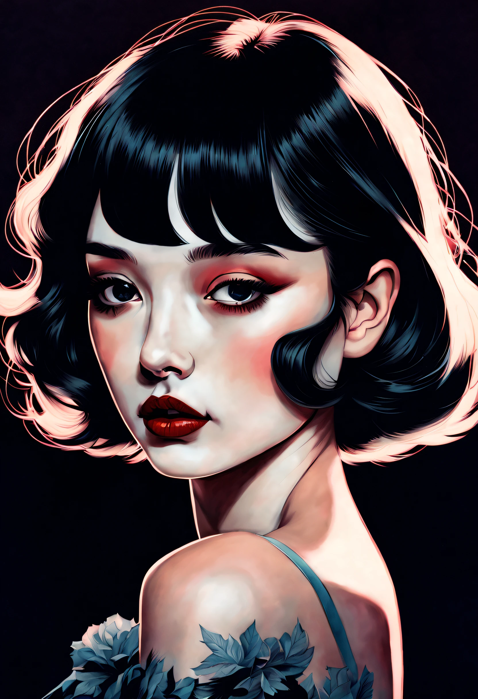 chiaroscuro technique on sensual illustration of an elegant girl, , vintage, eerie, matte painting, by Hannah Dale, by Harumi Hironaka, extremely soft colors, vibrant, highly detailed, digital illustrations , high contrast, dramatic, refined, tonal, facial expression
