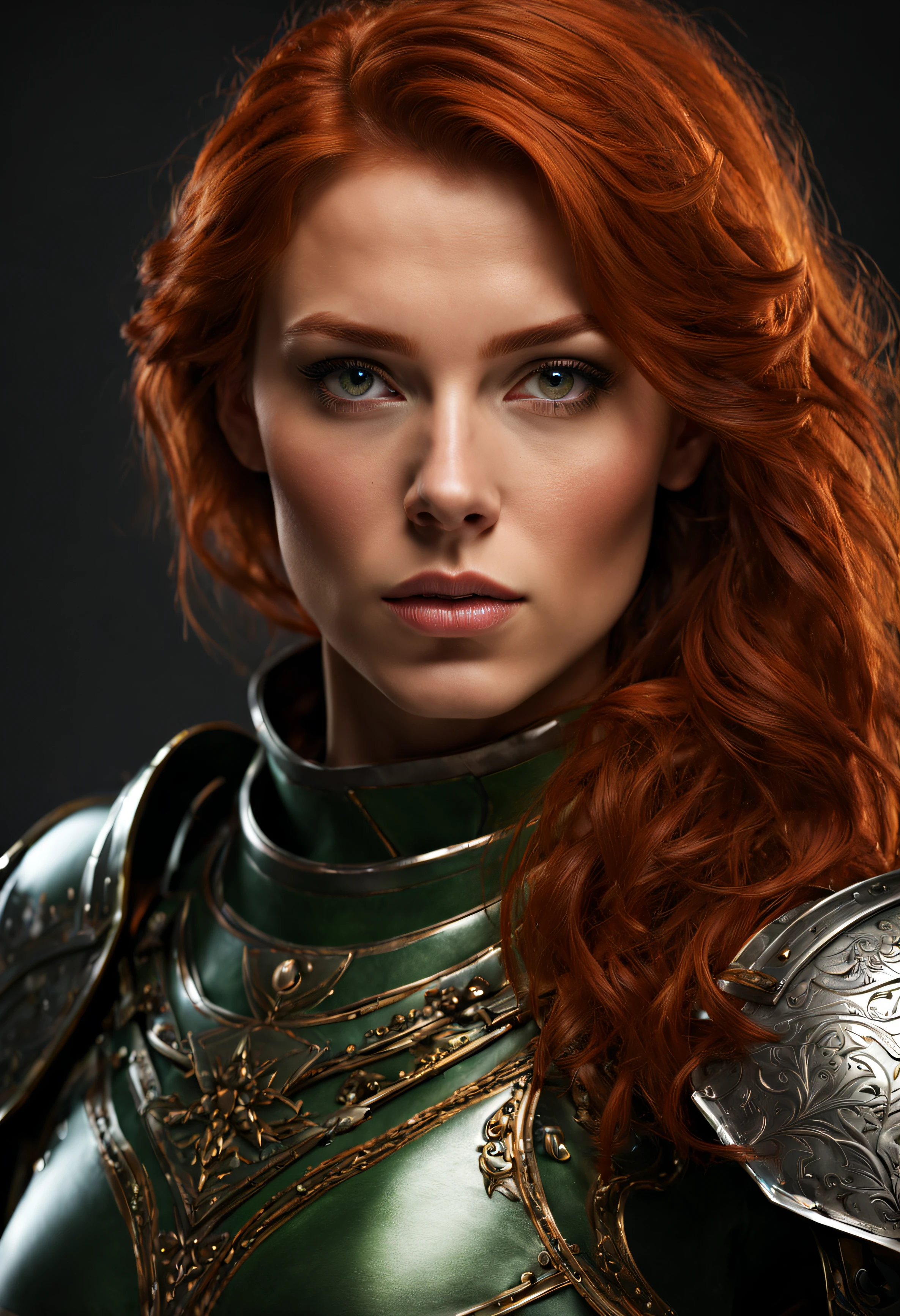 young woman, fit, athletic, red hair, green eyes, in armor, wide angle shot, detailed, perfect face, detailed pupils, perfect anatomy, sharp focus, insanely detailed, realistic, detailed, sharp, fine and precise, delicate lines, complex cinematography, sharp focus, dynamic posture, highly detailed, high quality, detailed face, detailed eyes, insanely detailed, 32k, studio cinematic lighting, crisp focus, graininess, feeling of passion, ideal body proportions