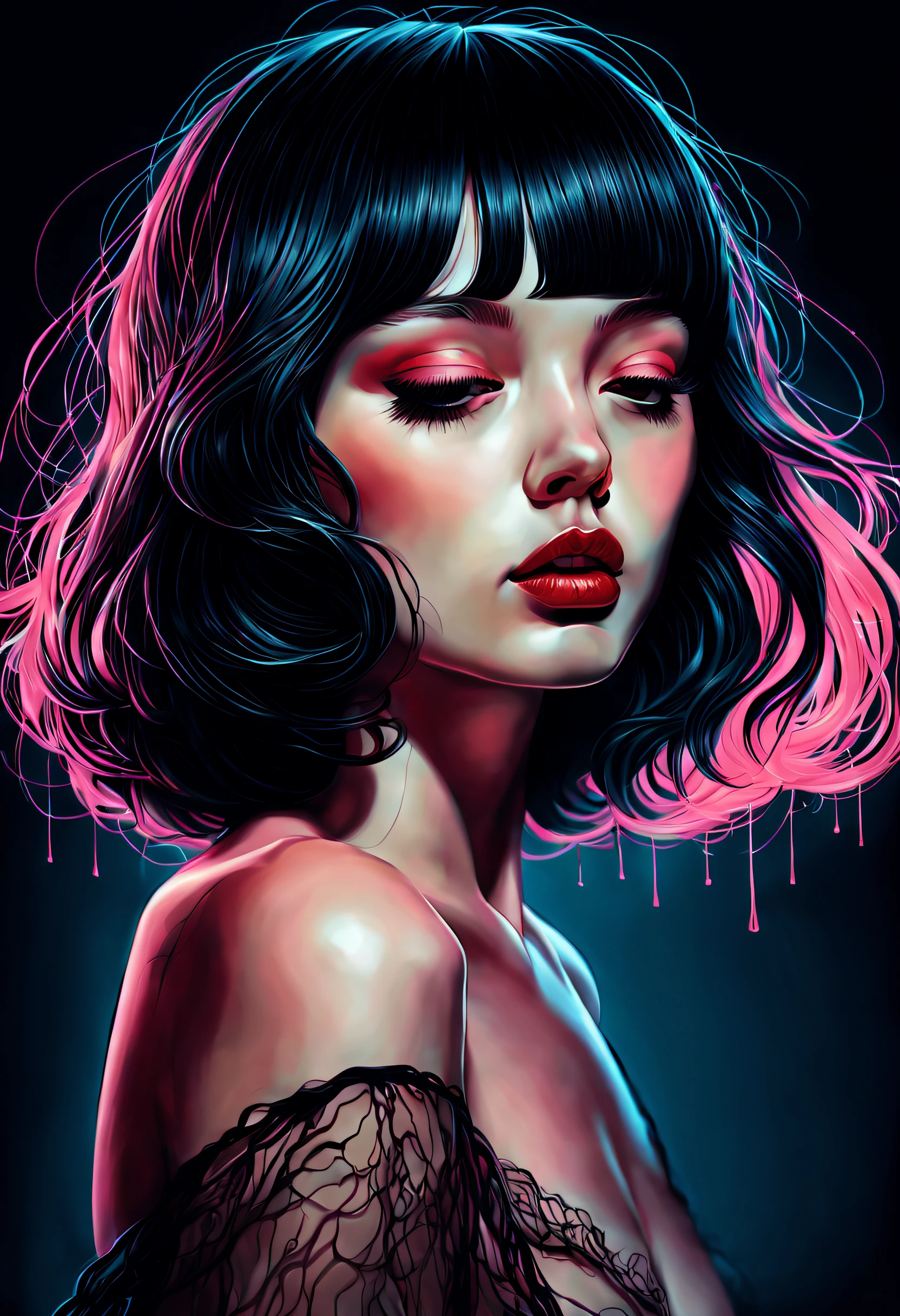 chiaroscuro technique on sensual illustration of an elegant girl,  wet hair, vintage, eerie, matte painting, by Hannah Dale, by Harumi Hironaka, extremely soft colors, vibrant, highly detailed, digital illustrations , high contrast, dramatic, refined, tonal, facial expression