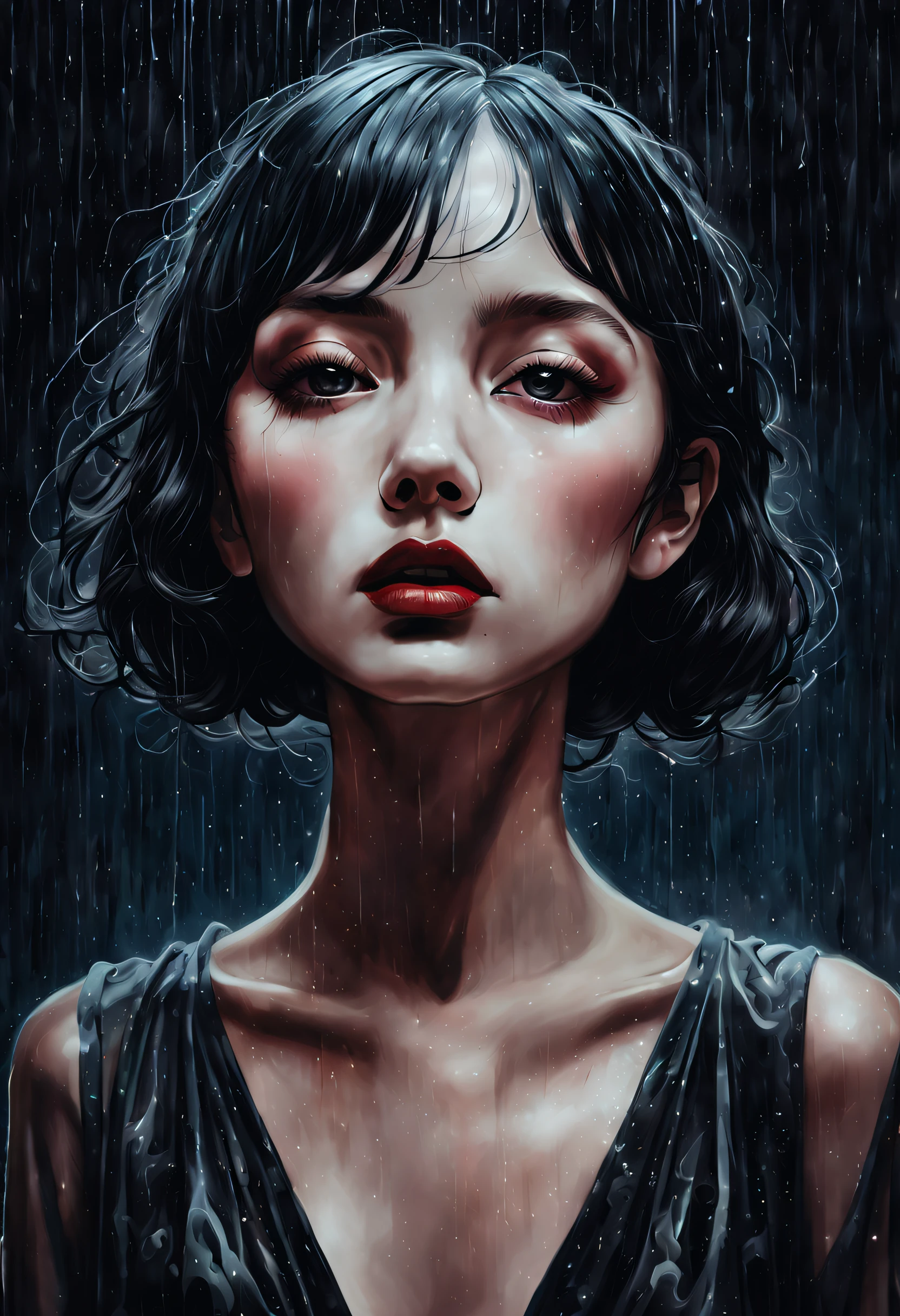 technique du clair-obscur sur l&#39;illustration sensuelle d&#39;une fille élégante, , pluie abstraite, ancien, Sinistre, peinture mate, par Hannah Dale, par Harumi Hironaka, couleurs extrêmement douces, vibrant, très détaillé, illustrations numériques , contraste élevé, Spectaculaire, raffiné, tonal, Expression du visage