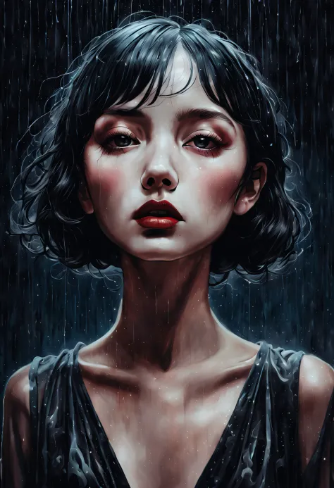 chiaroscuro technique on sensual illustration of an elegant girl, loli, abstract rain, vintage, eerie, matte painting, by Hannah...