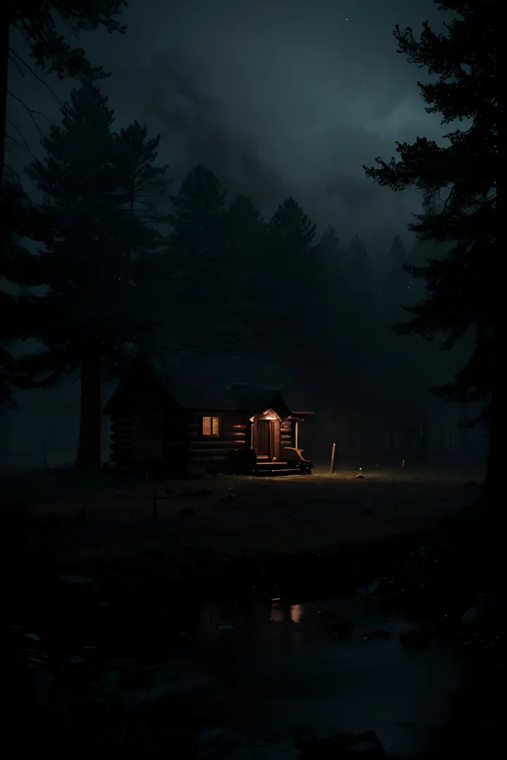 cinematic still, Cabin in the woods, Heavy atmosphere , night time, volumetric fog, Horror Movie Coverage
