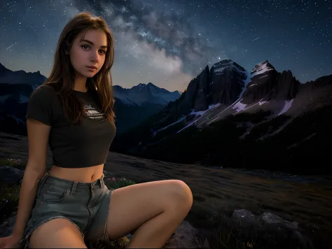 a beautiful girl in a mountain meadow at night