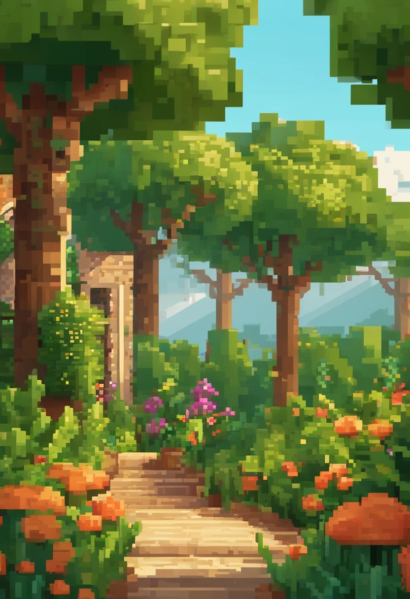 A pixel art style image of a path through a garden - SeaArt AI