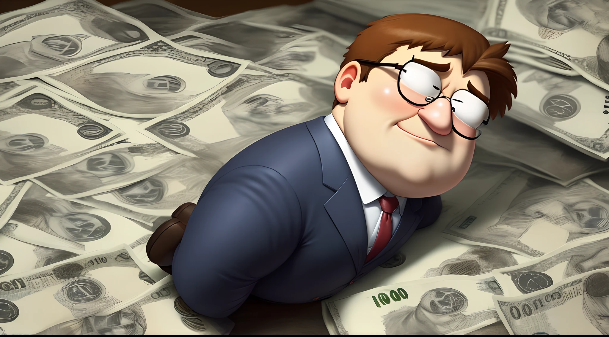 There is a cartoon character that is sitting on a pile of money - SeaArt AI