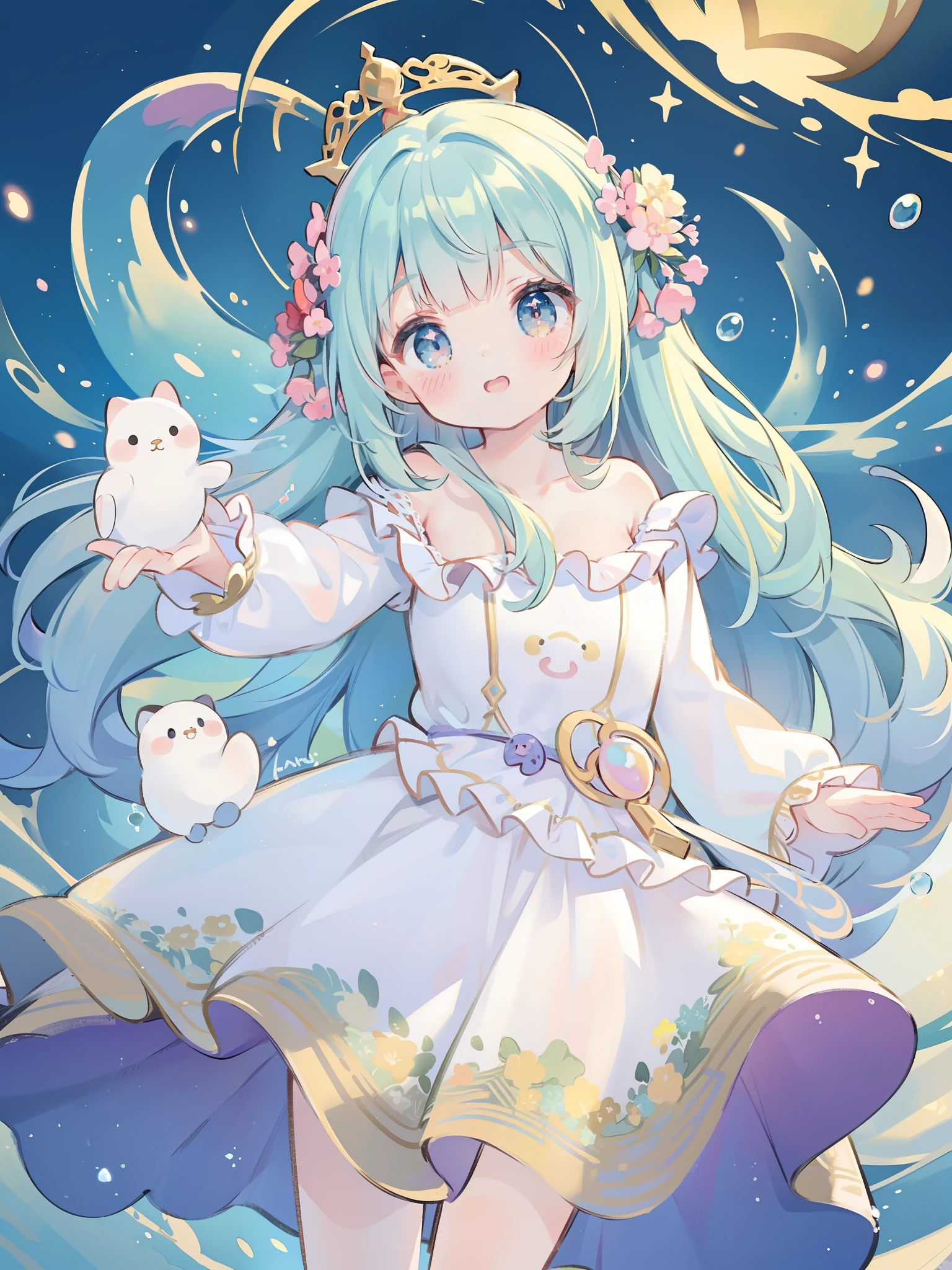 masterpiece, best quality, 8k resolution, sharp focus, intricate detail, beautiful girl, sparkling eyes, golden ratio face, otherworldly liquid, watercolor, pastel colors, bright colors, whimsical, colorful, sharp focus, high resolution, fine detail, ((layered tiered puffy long sleeves ballgown)), ((round eyes)), iridescent bubbles, fantasia background