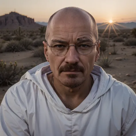 The character Walter White as the leader of a religious sect  ,employs 32 thousand people in the best quality,Super Detailed Portrait of Character Walter White ,detailized face,White Chiton,Red Himation,bald ,Kitten in hands ,Super-Detotilized Hands ,Deser...