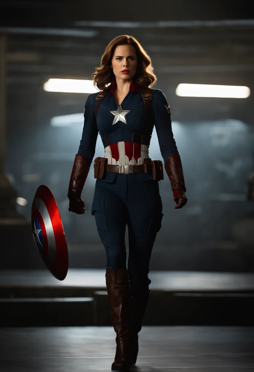 Haley Atwell (Capitán Carter X Capitán América), pose dinámica, fondo dinámico, Escudo icónico, intense eyes, mandíbula fuerte, expresión determinada, colores vibrantes, iluminación cinematográfica,(mejor calidad,4k,alta resolución:1.2),ultra detallado,realista,renderizado basado físicamente,Enfoque nítido,retratos,(artistas conceptuales:1.1)