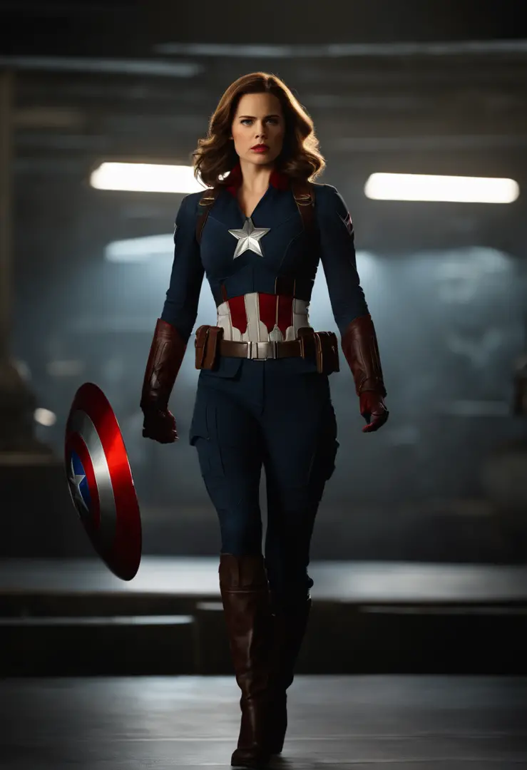 Haley Atwell (Captain Carter X Captain America), dynamic pose, dynamic background, Iconic Shield, intense eyes, strong jawline, determined expression, vibrant colors, cinematic lighting,(best quality,4k,highres:1.2),ultra-detailed,realistic,physically-based rendering,sharp focus,portraits,(concept artists:1.1)