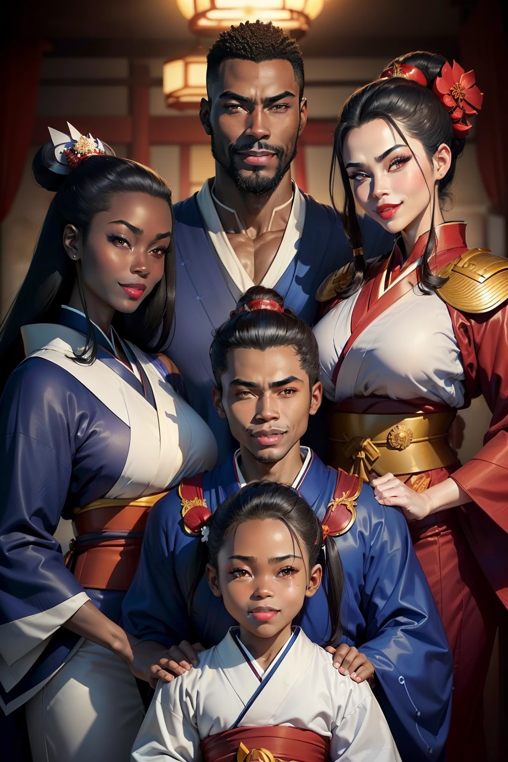 Family, ((father darkskin, clean face, chad, alpha, silly face, smiling, tall ,muscular, royal blue kimono,)),(azula, White skin, black hair,red lips, amber eyes,small frame, massive , red kimono) Children, five daughters, two sons