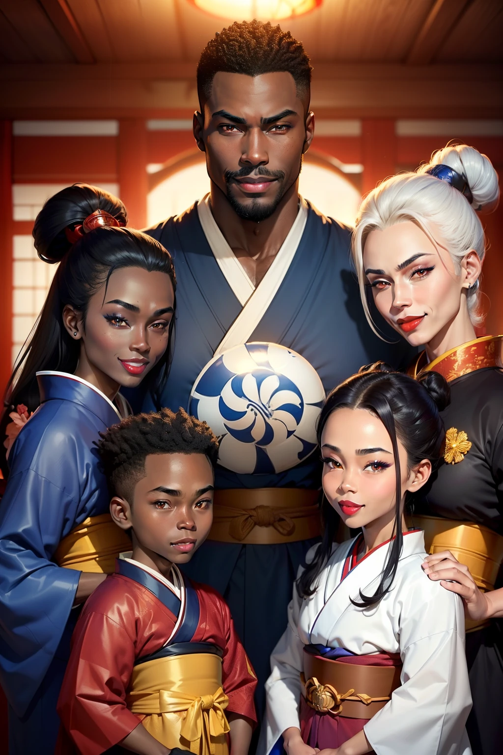 Family, ((father darkskin, clean face, chad, alpha, silly face, smiling, tall ,muscular, royal blue kimono,)),(azula, White skin, black hair,red lips, amber eyes,small frame, massive boobs, red kimono) Children, five daughters, two sons