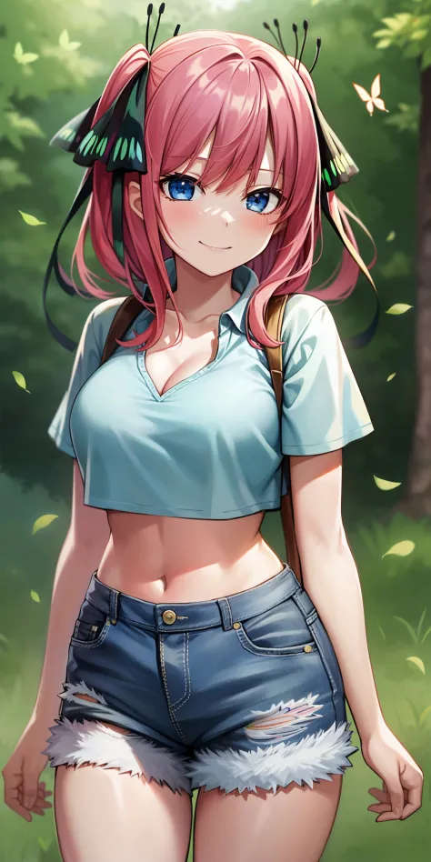 2d, masterpiece, best quality, anime, highly detailed, 1girl, solo, cowboy shot, nakano nino, pink hair, butterfly hair ornament, crop top , cleavage, Denim shorts , medium breasts, standing, school, outdoors, smile
