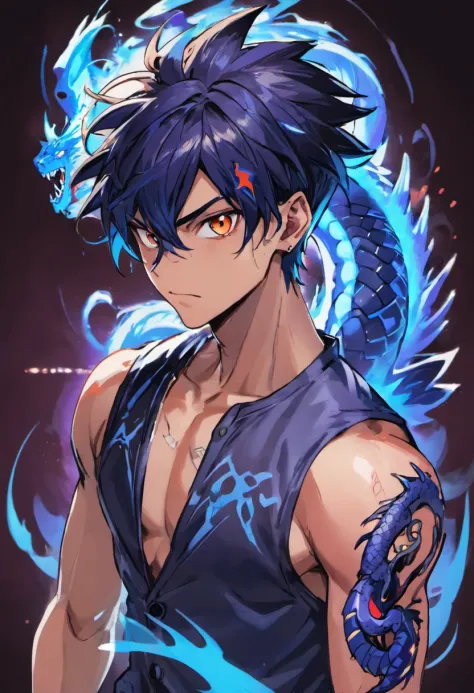 Adolescente homem psicopata com cabelos longos brancos e olhos brancos, with a blue dragon tattoo on his neck running down to his forehead