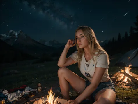 there is a beautiful blonde woman, short shirt, torn shirt, denim shorts, short shorts, sitting next to a campfire in the grass,...