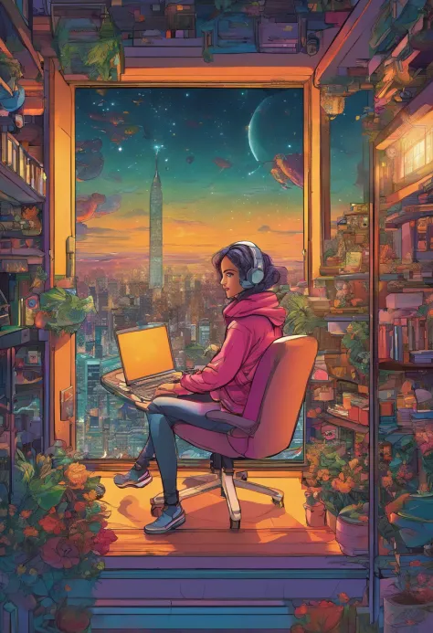 A digital window floating in cyber space and an operator woman sitting on a chair floating in space, operating the window floating around her. A beautiful face and brightly colored shining eyes. She wears a fancy hoodie. The lights of the digital window fa...
