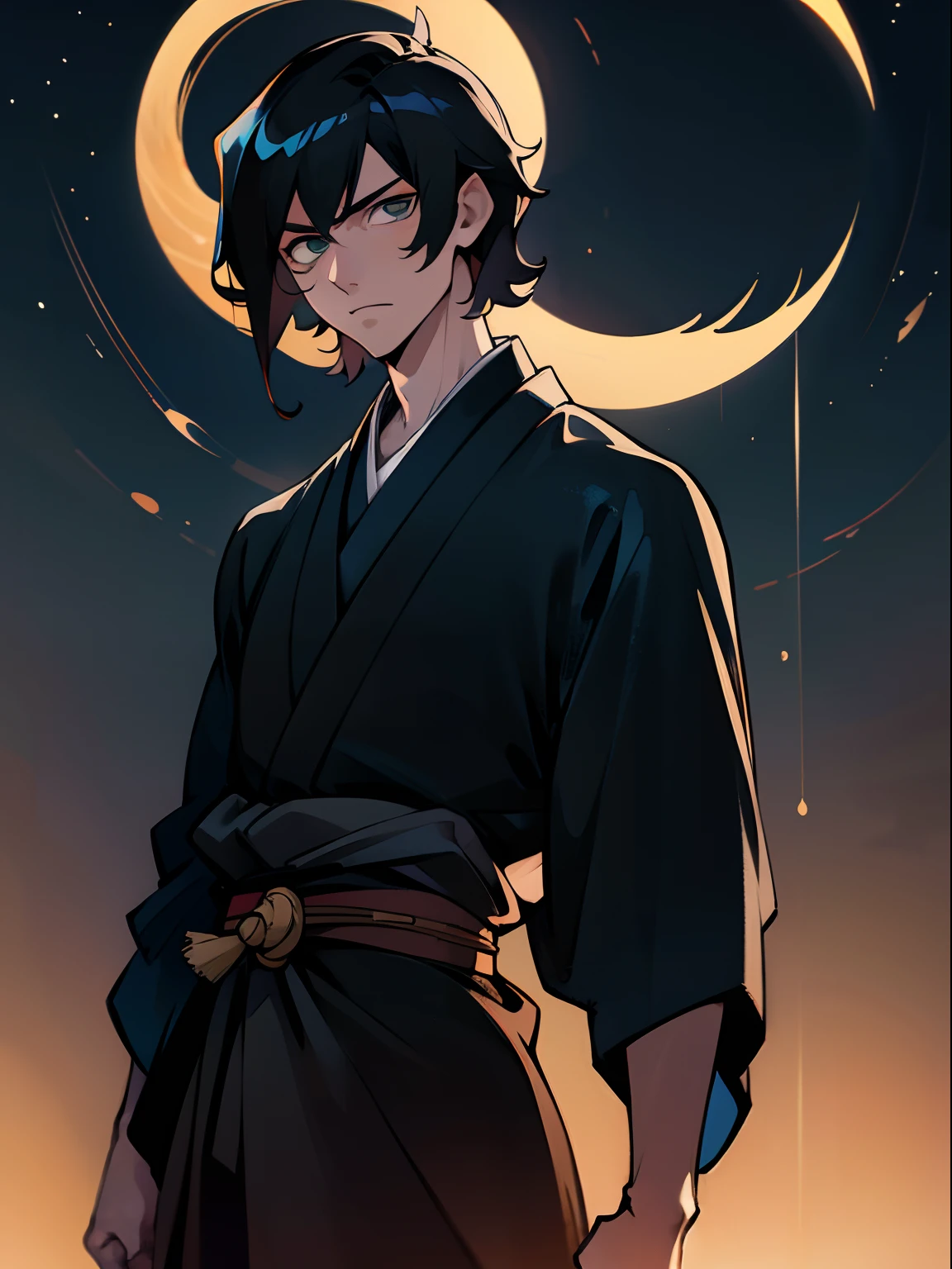 (masterpiece), best quality, ultra-high resolution, ((one man)), (((male))), elegant, japanese God, Tsukuyomi, expressive eyes, perfect face, half body, looking at viewer, dutch angle, cowboy shot, (long black hair), (golden eye color), handsome, night time, crescent moon, (japanese clothing, black blue kimono), hagoromo, seiren, dynamic light, beautiful colors, milky way, hd