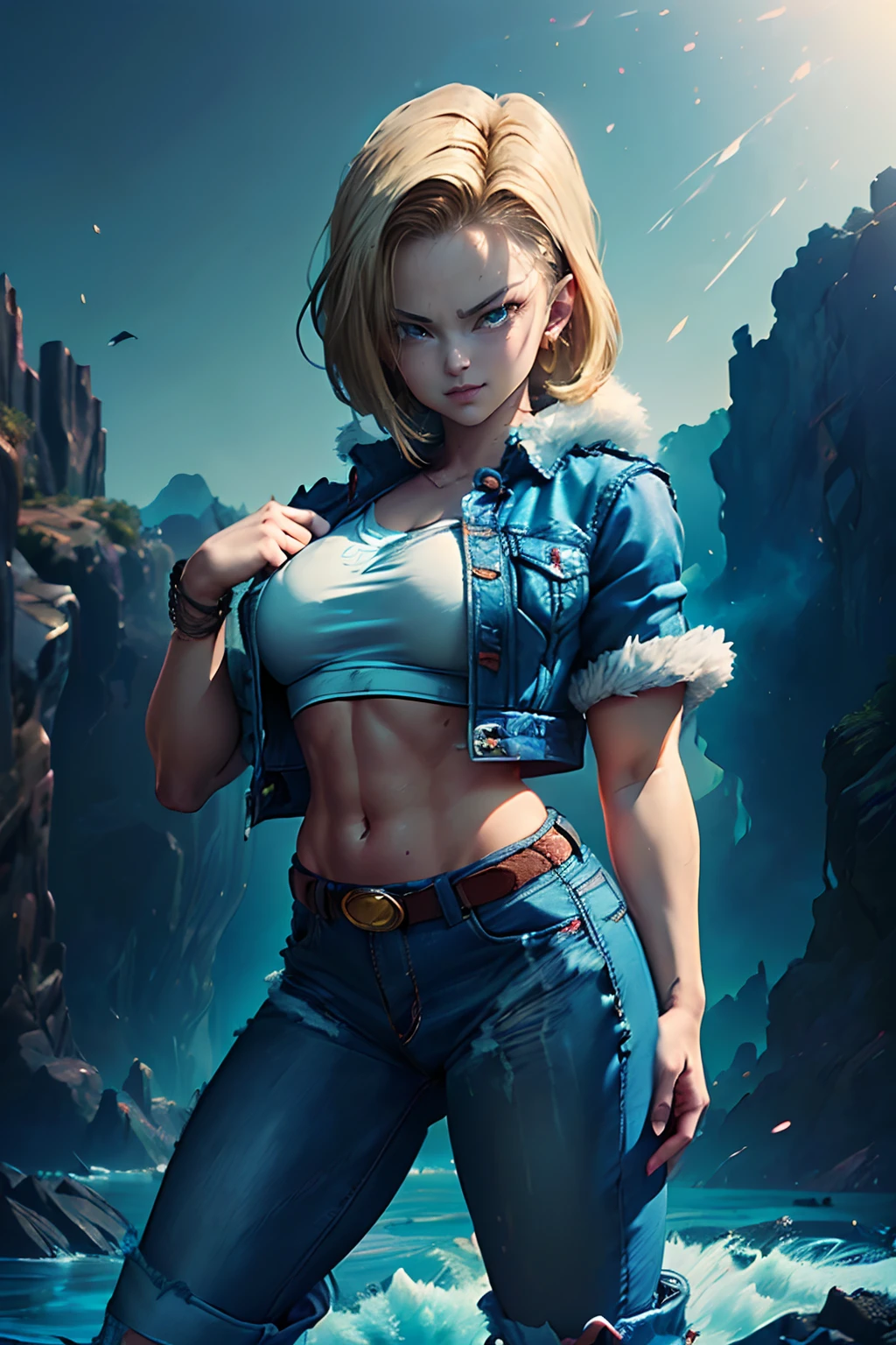 Slouched、super detailed image, nffsw, 16 K, professional photograpy, (Realistic pictures of Android-18 from Dragon Ball Z) Beauty goddess Otome, short blonde hair that is very straight, grim facial expression, ((She wears a blue denim jacket and a white cropped shirt, denim jackets,  breastsout,, lean big body, Curve, Trial Fur Coat, She wore a belt、 (((Raised Blue Denim、 thick legs spread, A smile showing a caught thread , Flexible body, brown boot, perfect hand and fingers,
  Android 18, Sexy Saiyan Girl, She unleashes an explosion of power, kojima, offcial art, Android-18 Sexy Women, Official Character Art, Sexy female protagonist, curved body, Fino and Tonificado, itting open legs, dew, Microstringscrew-in :8, Toriyama Aquarium, director: Features of Aquara Toriyama, bulma from dragon ball, best anime character design, Stroke Style Aquara Toriyama, Cute single character, semi-, (Great lighting) ,