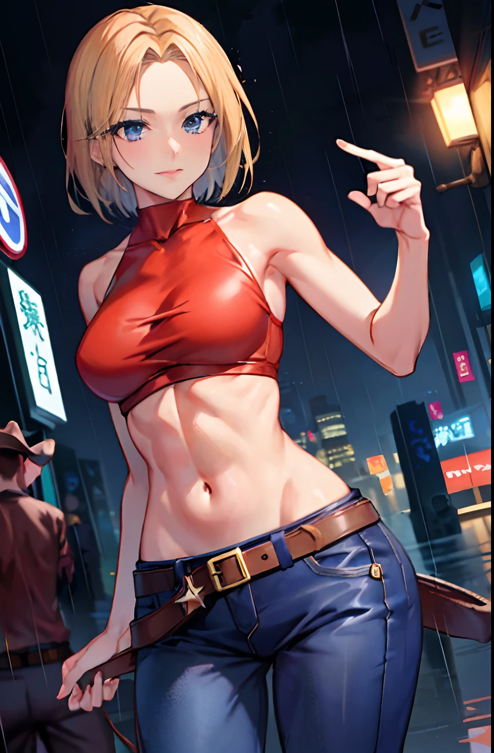 maryms, Best quality,(Beauty), 1girll,physically-based renderingt ,Ultra-high resolution,(Cowboy shot:1.5),Narrow waist, Skinny, LeonaMS ,muscular, Big blue eyes,Long legs,Jeans,Leather belt,Small breasts,Puffy eyes, Leather belt,(rainy city), Shiny skin, facingviewer, winning posture,