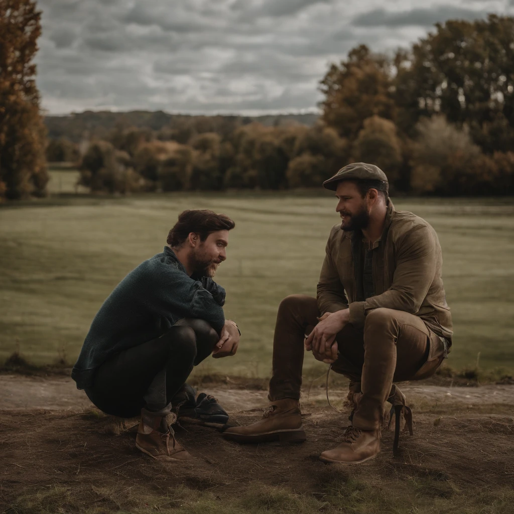 Two men sitting on a dirt road in a field - SeaArt AI