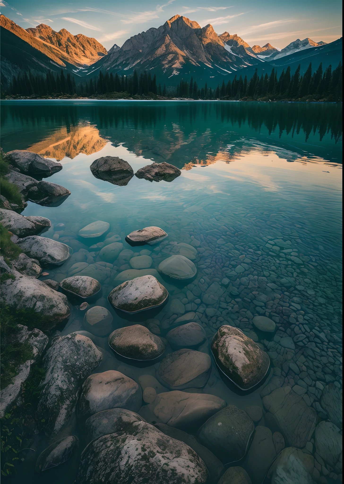 RAW photo of a mountain lake landscape, clear water, (Instagram able), highly detailed, photorealistic, ultra-realistic photo, 8k, UHD, DLSR, soft lighting, reflection, high quality, film grain, Fujifilm XT3, (masterpiece, panoramic),