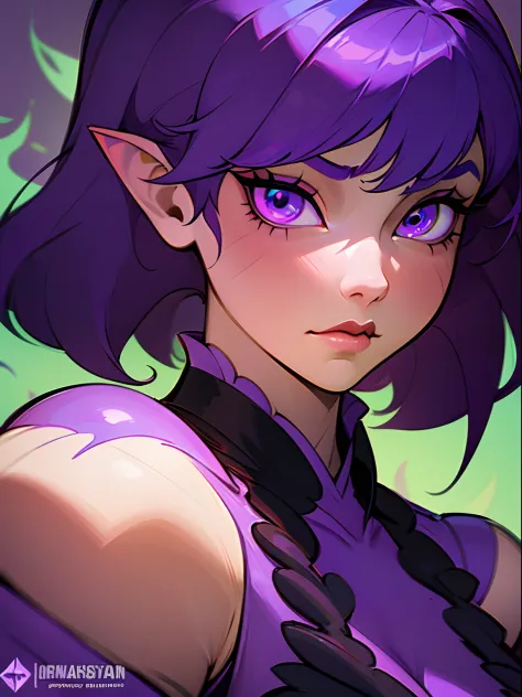 a close up of a woman in a costume with purple hair and purple glowing eyes, glowing green pumpkins, lois van baarle and rossdra...
