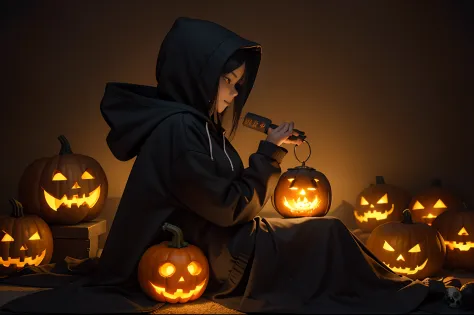 Dark room, side view of a female Chinese hacker with hoodie typing on  acomputer, pumpkins carved with sinister smiles, moss, sk...