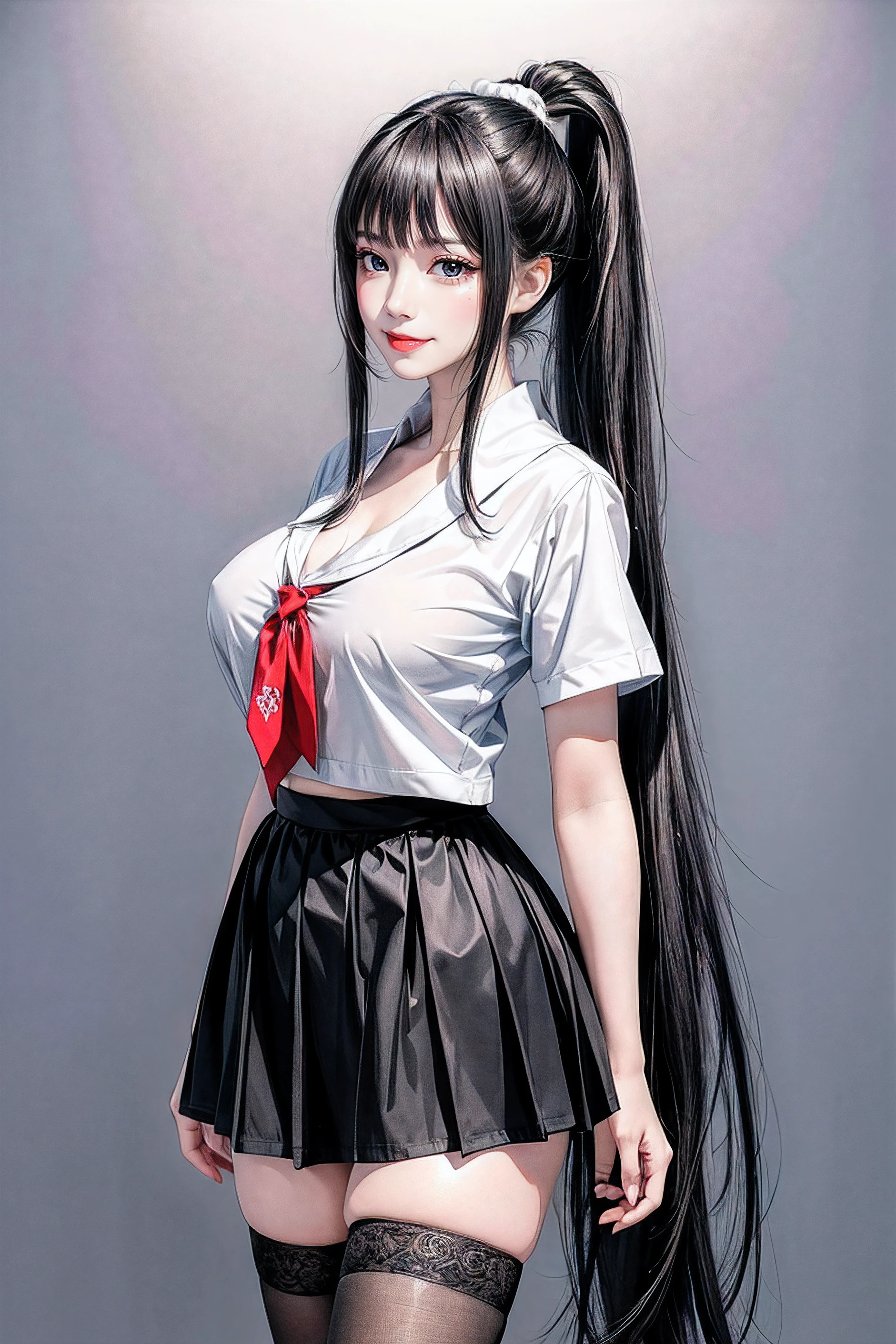 ((High Ponytail:1.5)),(((Blunt bangs,Straight bangs:1.1))),(((Very long black hair, Ridiculously long black hair:1.1))),Simple white background, School uniform, serafuku,red necktie,鎖骨, cleavage, (Bare_Neck:1.5), black thighhighs,Short sleeves, Navy blue and white shirt ,Puffy sleeves,a sailor suit,blue sailor collar, Blue skirt, Black hair, Blunt bangs,Long hair,Brown eyes, 1 girl, 20yr old,infp young woman,Beautiful Finger,Beautiful long legs,Beautiful body, Beautiful nose,Beautiful character design, Perfect eyes, Perfect face,Expressive eyes,Perfect balance, Looking at Viewer,(Focus on her face),Closed mouth, (Innocent_Big_Eyes:1.0),(light_Smile:0.3), Official art,Highly detailed CG Unity 8k wallpaper, Perfect Lighting,Colorful, Bright_front_Face_Lighting,White skin, (masutepiece:1.0),(best_quality:1.0), 超A high resolution,4K,Ultra-detailed, Photography, 8K, nffsw, hight resolution, absurderes:1.2, Kodak Portra 400, Film grain, Blurry background, Bokeh:1.2, Lens Flare, (Vibrant_Color:1.2),professional photograpy, (Beautiful,Large_breasts:1.4), (Beautiful_Face:1.5),(narrow_waist),