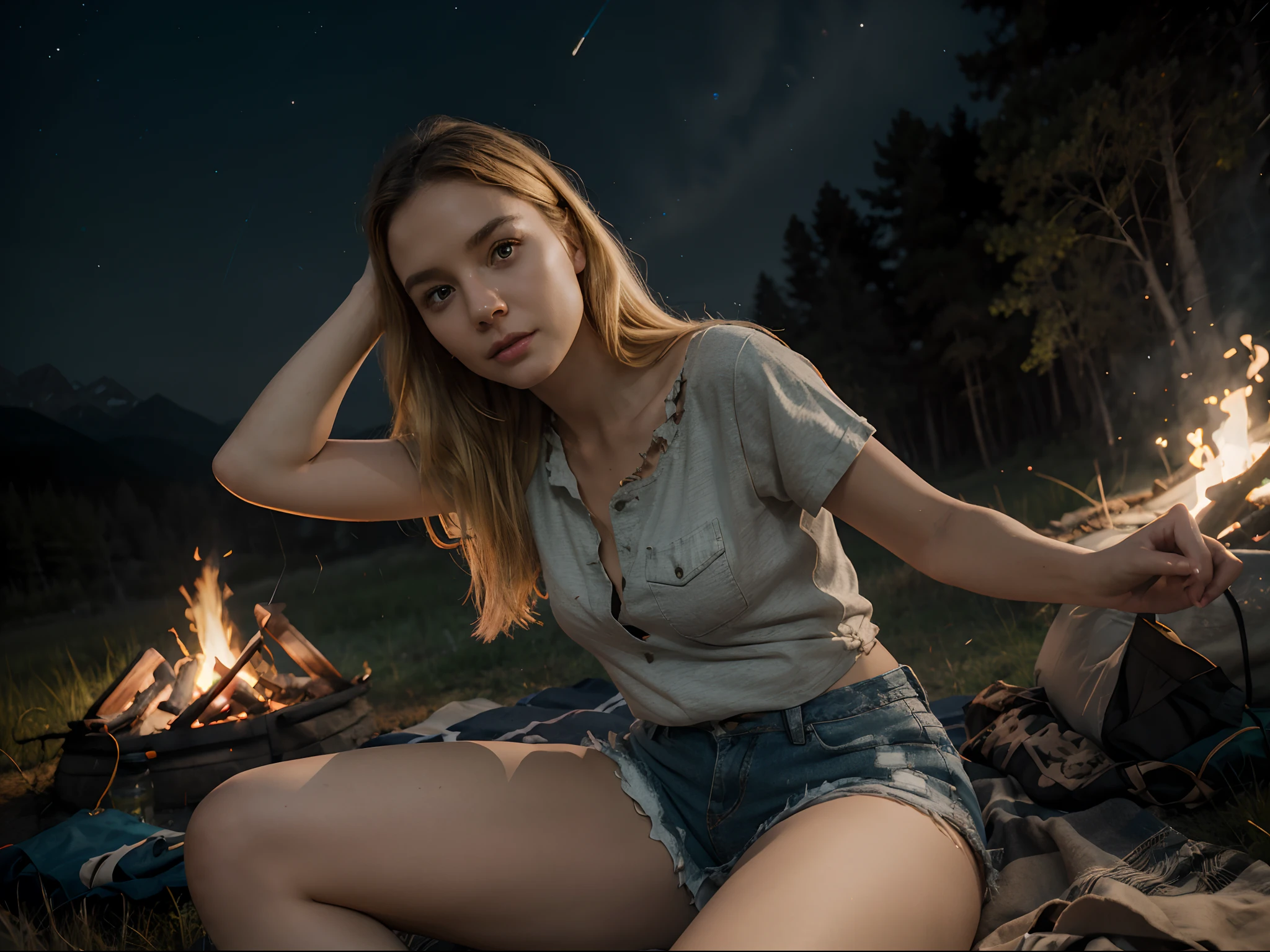 there is a beautiful blonde woman, short shirt, torn shirt, denim shorts, short shorts, sitting next to a campfire in the grass, outdoors at night, camping tent, mountain meadow, 8 k sensual lighting, night outdoors, under the stars, 4k extremely photorealistic, 4 k extremely photorealistic, at a campfire at night, watching the stars at night, cgsociety uhd 4k highly detailed, trending on cgstation, night time with starry sky, attractive pose