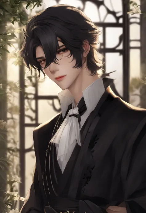 Anime - style image of a guy in a black shirt and black tie, gapmoe yandere grimdark, inspired by Okumura Masanobu, inspired by Okumura Togyu, ((In an aristocratic robe)), IMVU, inspired by Awataguchi Takamitsu, silver eyes, body complet, 2 b, 2b, lineless