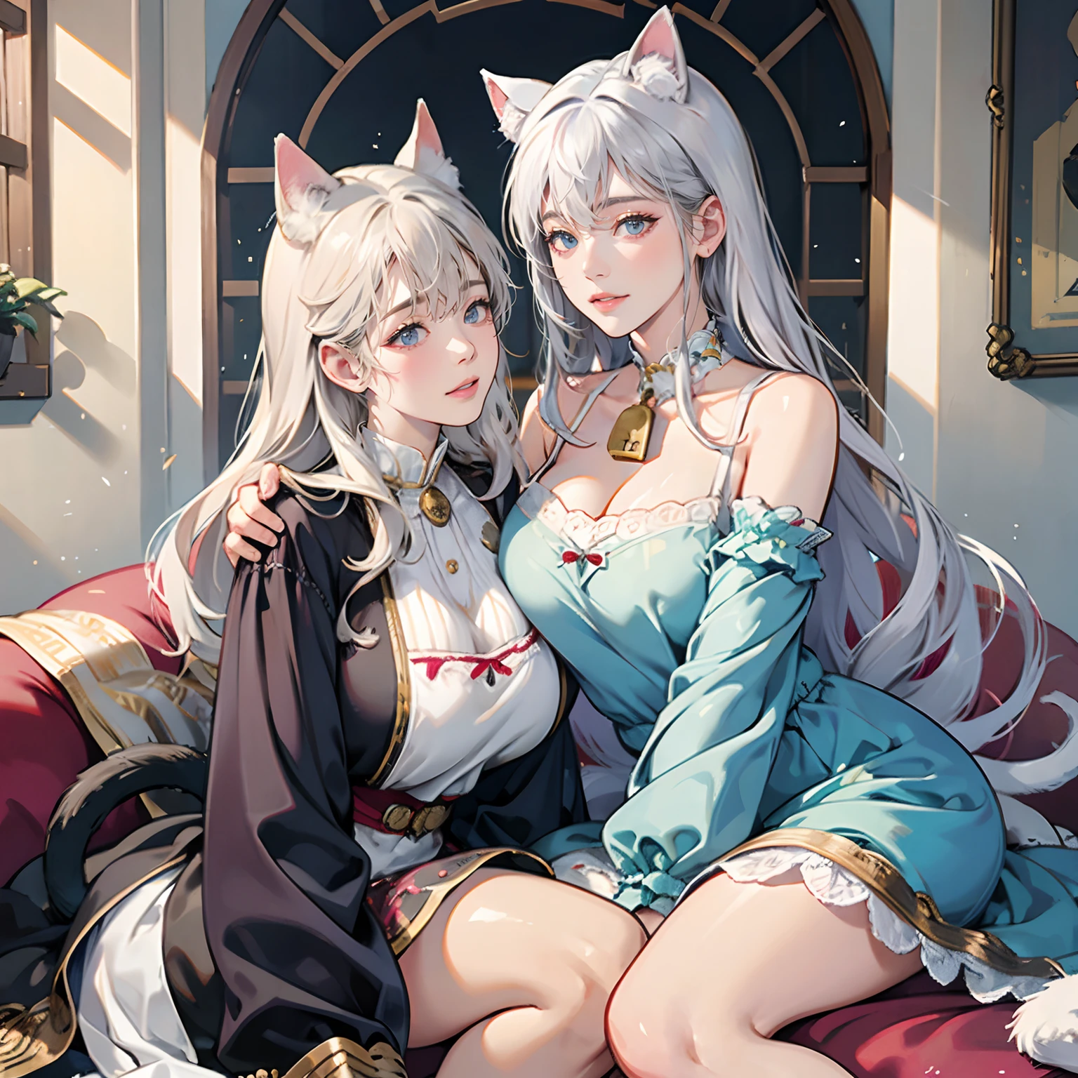 Women in Their 20s、2 females:2.0、offcial art, unity 8k wall paper, ultra-detailliert, beautifly、Aesthetic, ​masterpiece, top-quality, Photorealsitic、Cat-eared clan、Cat's ears、very thick tail:1.5、very thick and long tail、azure eyes、Silver-white hair、shorth hair、Collar with bell:2.0、Sky blue apron dress、Light blue blouse、depth of fields, Fantastic atmosphere, Calm palette, tranquil mood, Soft shading、cobblestone road、Stone signpost、Rivers and bridges、Beautiful Landscapes、bbw、very large breast、plump figure、krystal、Cat's ears:1.8、Cat ears on the head、thick waist、thick thight、an legs