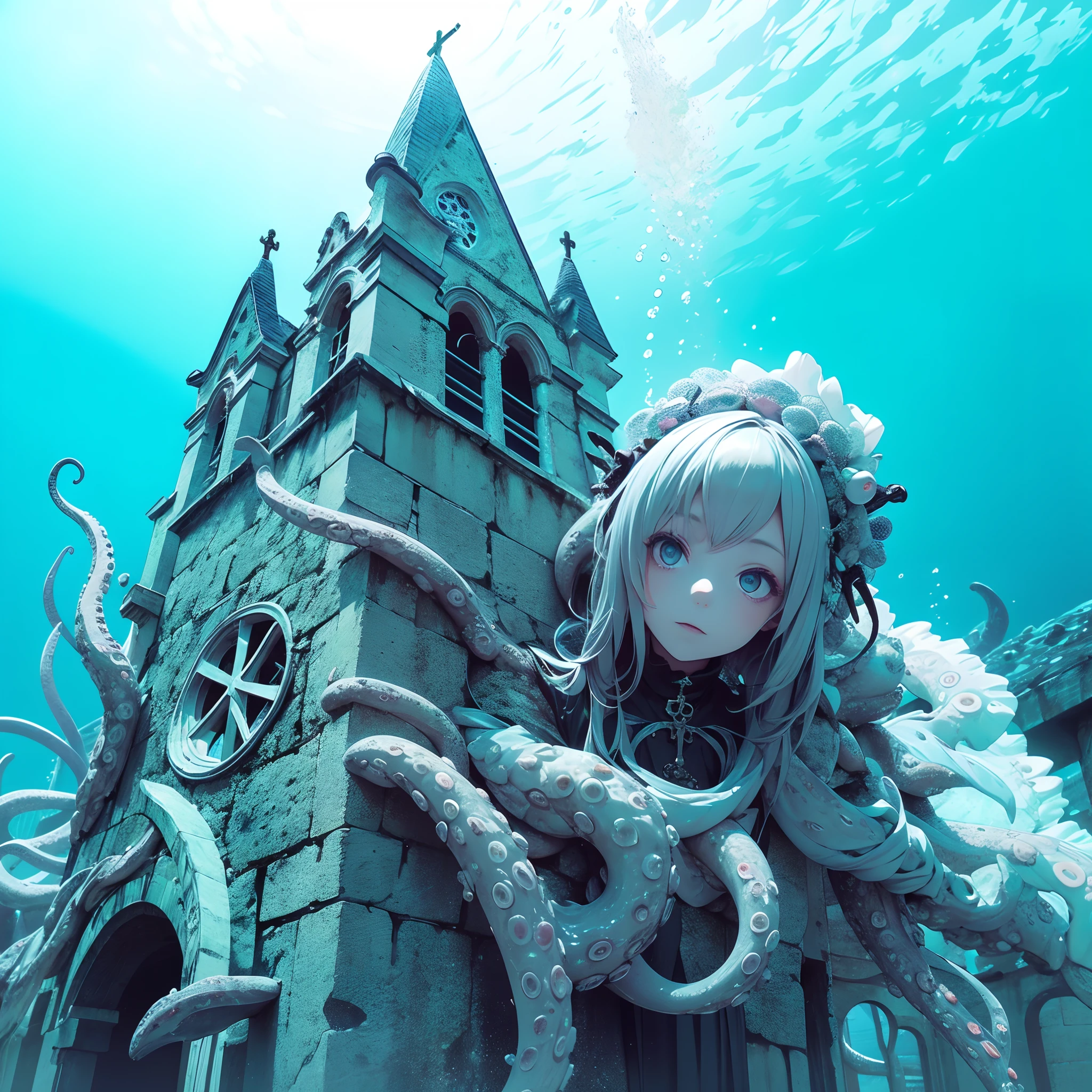 Undersea church. She is a young girl leaning out from behind the church. She is a giant girl. She's wearing a gothic dress. Tentacles wrapped around the church.