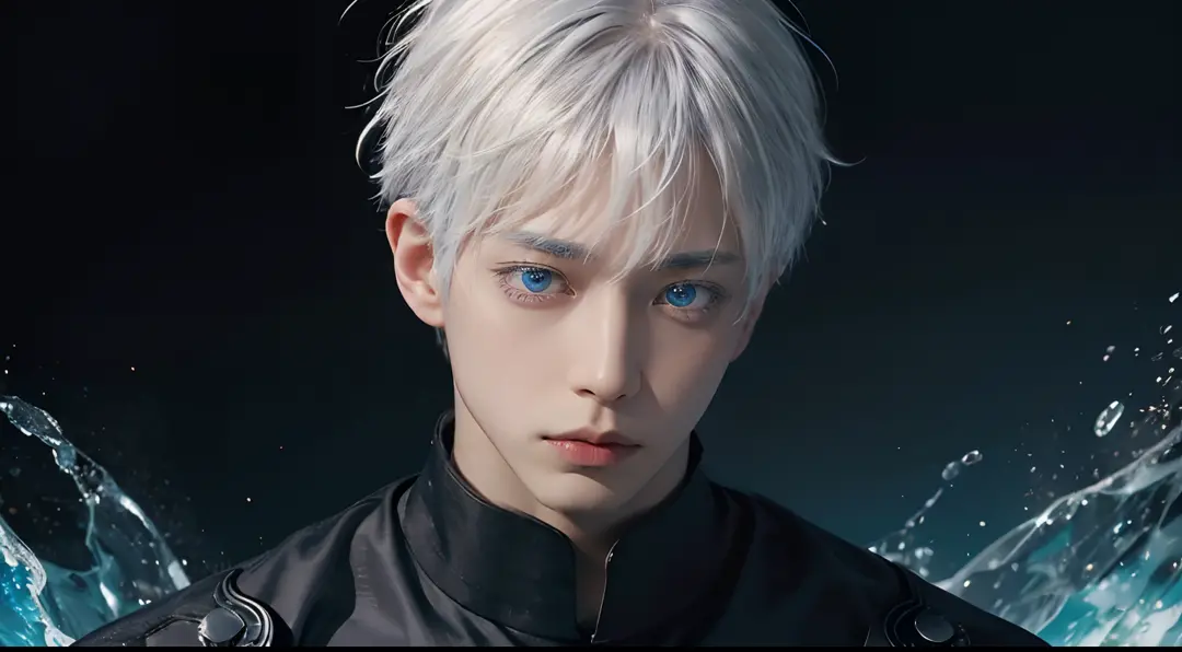 satoru gojo, white hair, short hair, hair between eyes, blue eyes, colored eyelashses, ((solo)), 1man, black clothes