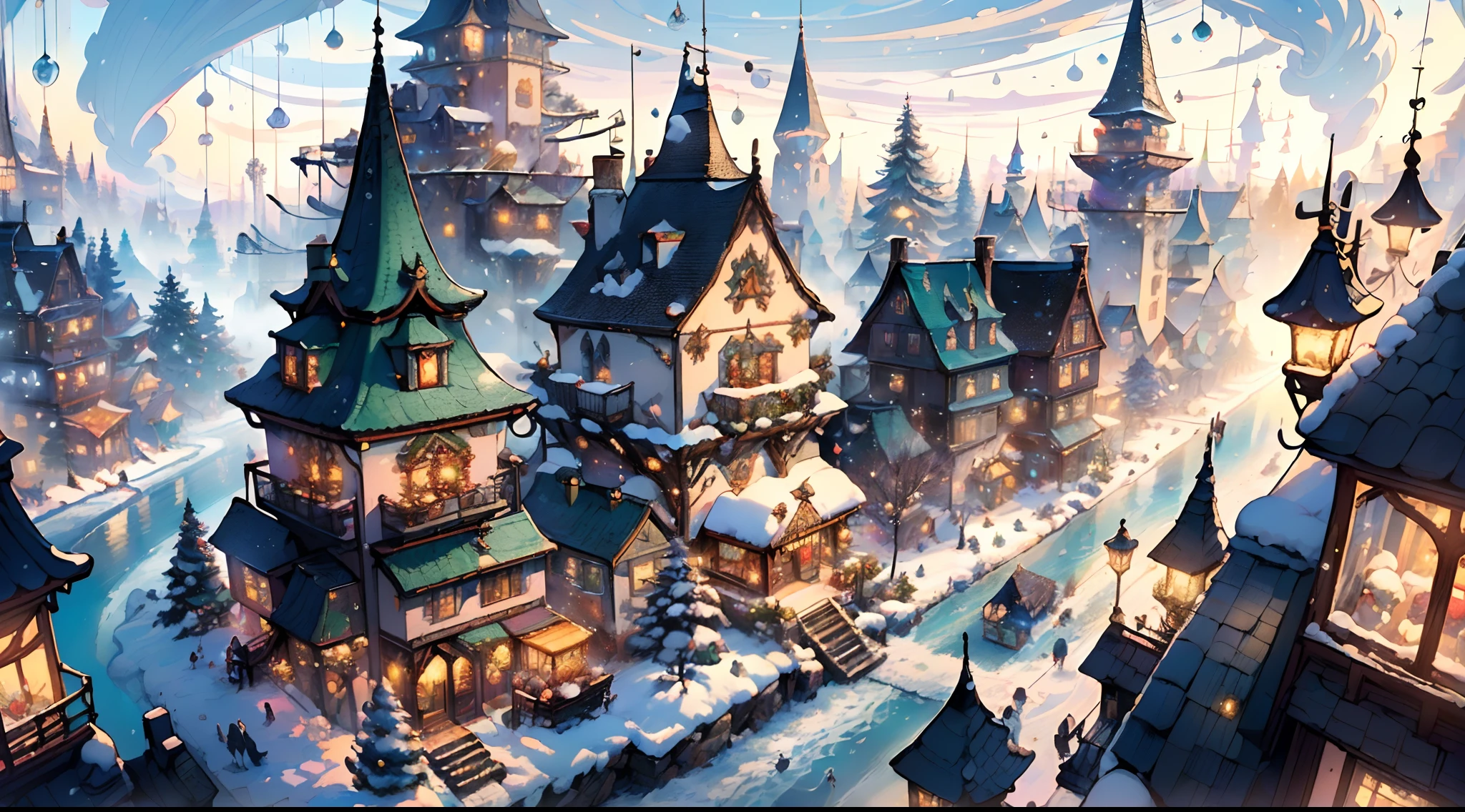 (((masterpiece))),(((high-quality))),(((8K wallpaper))),(((Aerial view of a mega-gigantic winter town decked out in festive decorations))),(((majestic Christmas tree))),(((sparkling lights over the village))),(((star-topped tree))),(((festive village square))),(((snow))),(((snow-covered scene))),(((winter wonderland))),(((snowflakes))),(((cottages and houses))),(((frozen rivers))),(((captivating descent  into this winter haven))),(((camera view from above))),(((breathtaking scenery))),(((vivid landscapes))),(((mesmerizing views that capture the holiday spirit))),(((captivating beauty of the season's enchantment))),(((enchanting panorama of the village's winter charm))),(((startling colors in the festive decorations))),(((transcendent experience of a holiday dream come true))),(((unreal journey into a winter paradise))),(((surreal surroundings where joy and snow intertwine))),(((captivating landscapes))),(((mind-blowing views of a winter fantasy))),(((stunning imagery))) adorned with holiday magic,(((dreamlike perspective where reality sparkles))),(((captivating enchantment))),(((spectacular freefall of snowflakes from the sky))), Fantasy art Style, Best Quality, Ultra Detailed, landscape dressed in winter's finest,(((Snowy forest))), breathtaking winter scene,(((best quality))),(((high resolution))),(((sharp focus))),(((ultra detailed))),(((extremely detailed))),(((extremely high quality artwork))),(((8k wallpaper))),(((extremely detailed CG 8k))),(((very fine 8K CG))),((hyper super ultra detailed perfect piece)),(((flawless))),(((illustration))),(((dynamic lighting))),(((dynamic light))),(((festive light))),(((holiday glow))),(((cinematic shadow))),(((textile shading))),(((vivid colors))),(((Frosty Cathedral))),(((Glowing Reindeer))),(((Twinkling Snowflakes))),(((Chimneys with Smoke))),(((glowing windows))),(((festive wreaths))),(((Ice Skating Rink))),(((Illuminated Sleigh))),(((Roof of the World))),(((intricate))),(((ornate))),StackedCityAI.