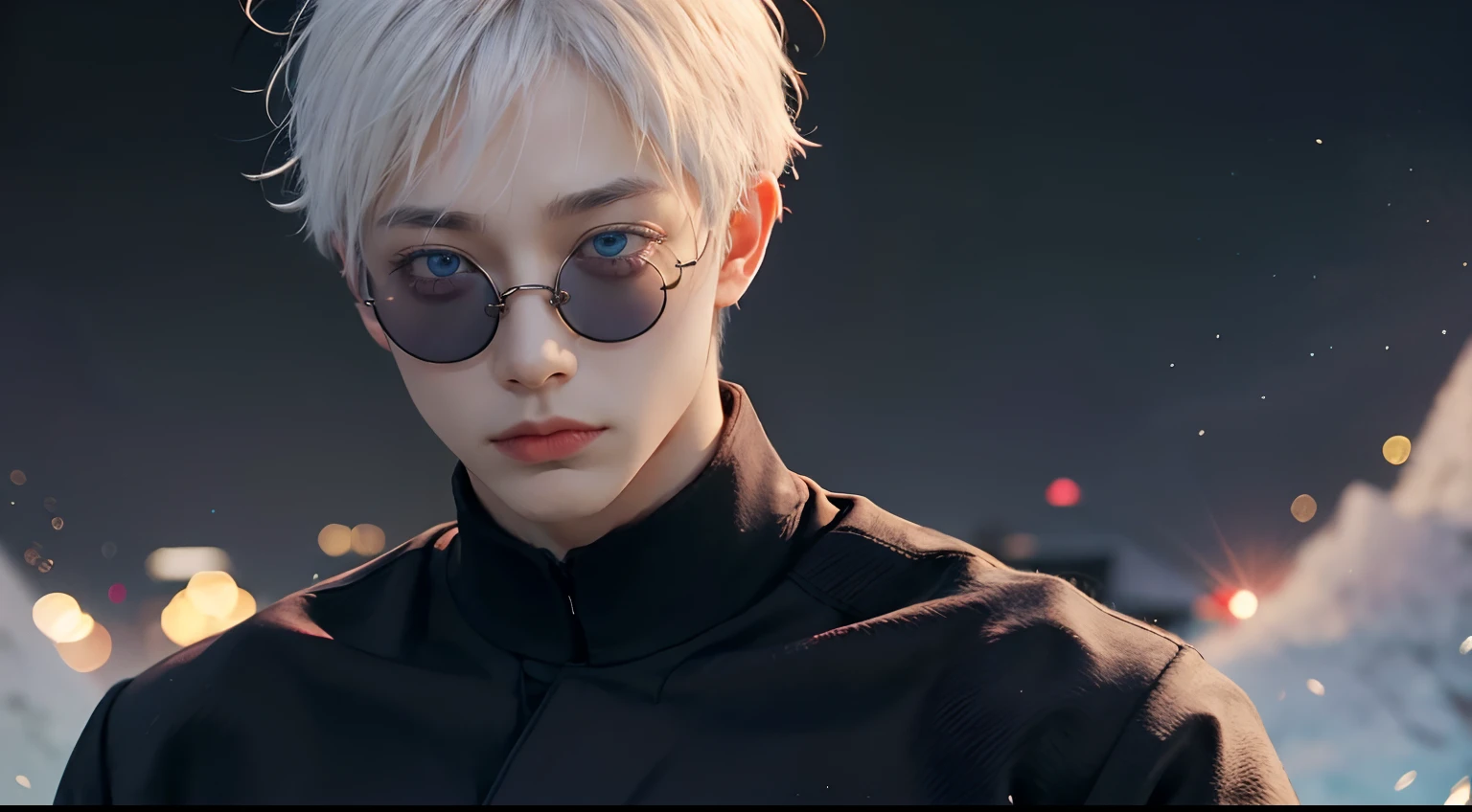 satoru gojo, white hair, short hair, hair between eyes, blue eyes, colored eyelashses, solo, 1man, black clothes, round sunglasses