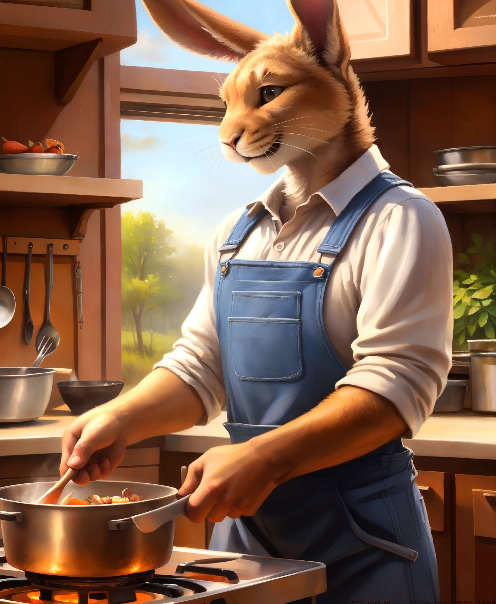 lagomorph, muscular rabbit, white shirt, overalls, happy, in the kitchen cooking, by Kenket, (Sharp focus, masterpiece, 8k, intricate artwork, hyper detailed, high detail)