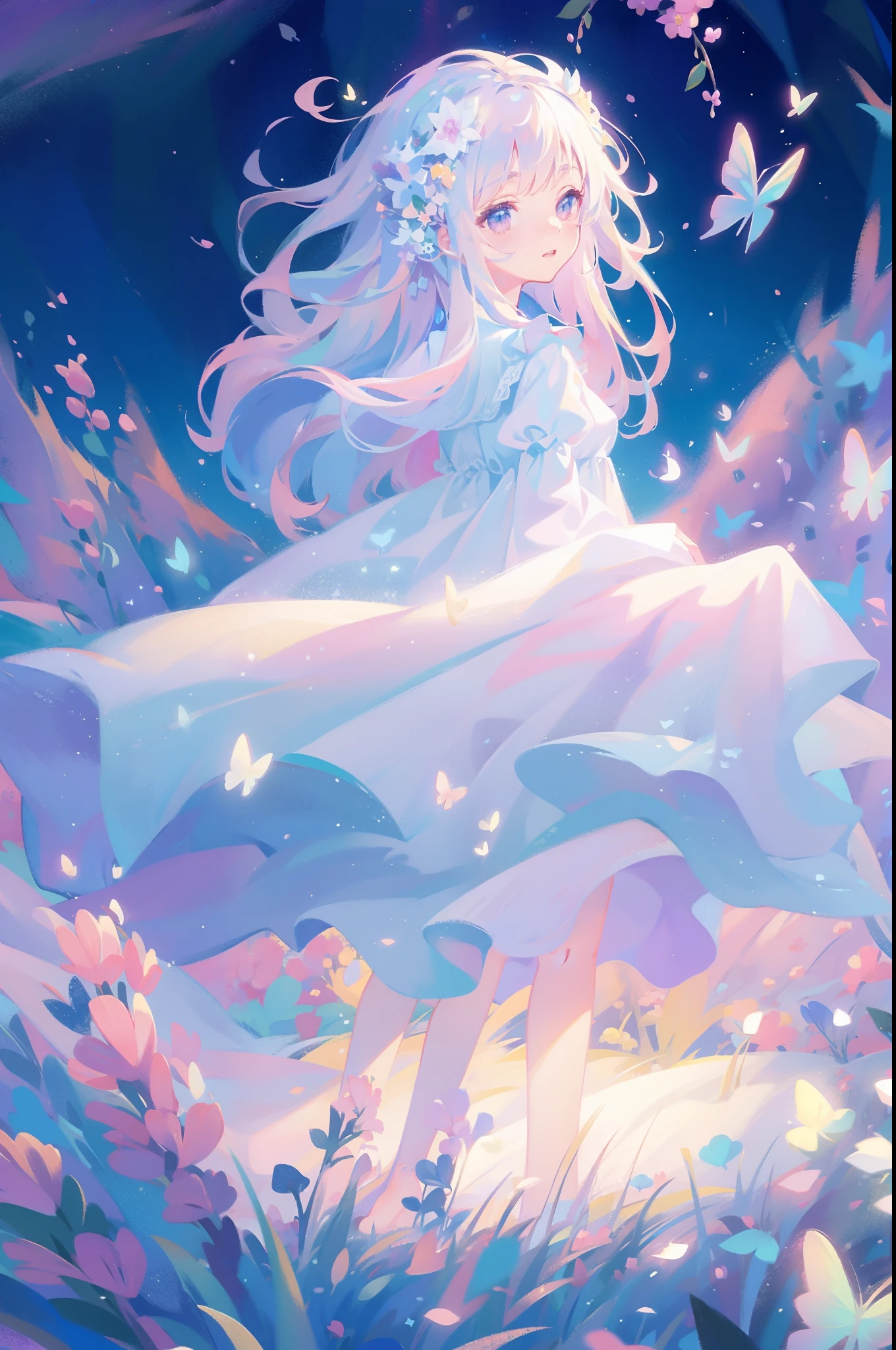 masterpiece, 8k, sharp focus, high resolution, princess, beautiful girl, fantasy white dress, dreamy, pastel colors, beautiful, peaceful, calm, fantasy landscape, beautiful dress design, intricate dress detail, (fantasia background), otherworldly flowers and butterflies, glowing stars