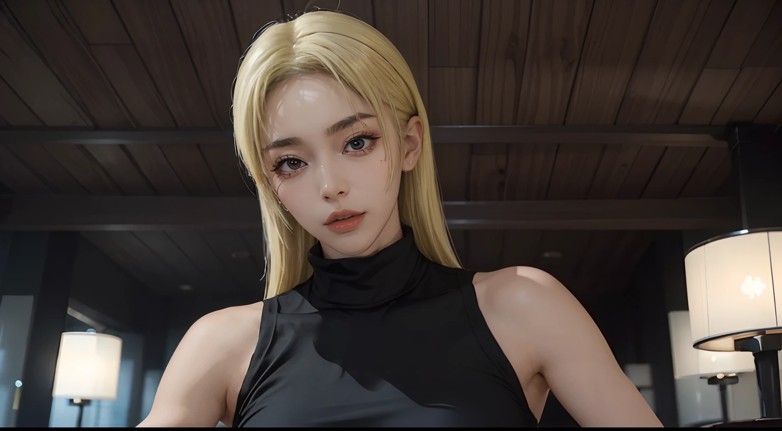 YukiTsukumo, sleeveless, black turtleneck, large breast, blonde, extremely beautiful face, exquisite face, seductive look, upper body, ((solo)), 1woman