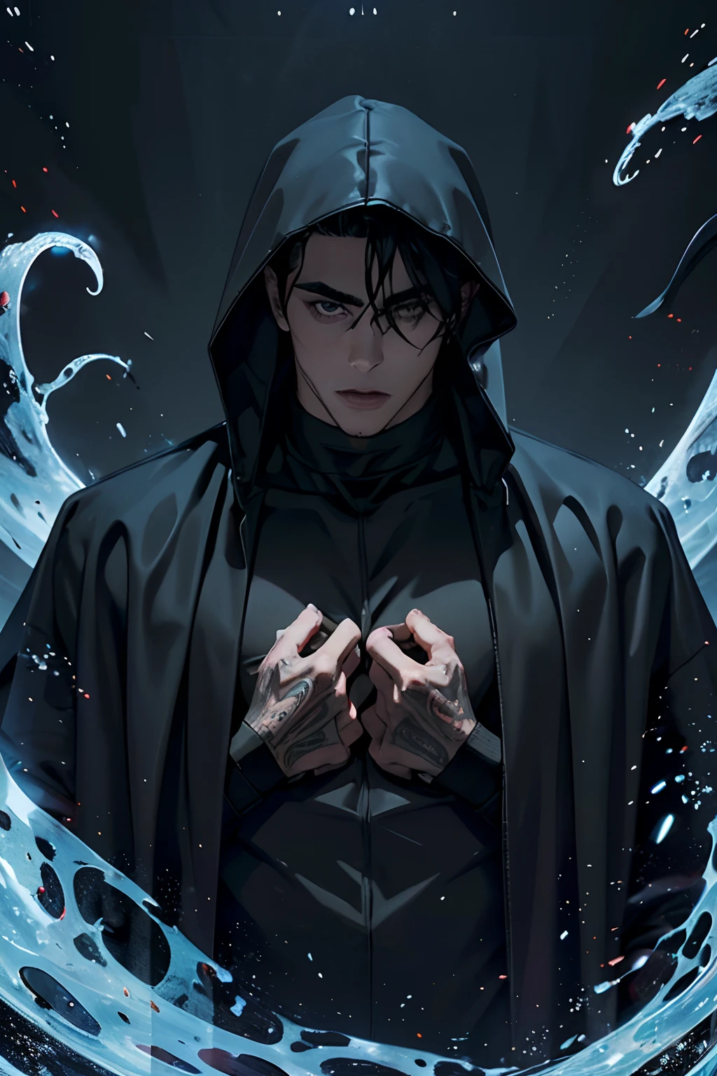 "(The best quality,4k,8k,High Resolutions,masterpiece:1.2),ultra detailed,(realist,fotorrealist,fotorrealist:1.37), Manhwa Art European 25 years old man, ivory skin, Messy hair jet black hair, lovecraft character, piercing eyes, gray iris, Wear black coat,  naked torso, muscled body, athletic body, razor-sharp jawline, glare, Cold and mysterious character, Whole body, athletic body, black tentacles coming out of his body, lovecraft god,  8k, Detailed features, very handsome, Dreamy look on his face, bright illumination, blurred background, sexy body tattoos